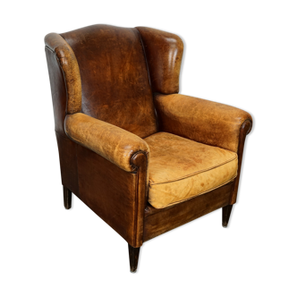 Dutch cognac colored wingback leather club chair