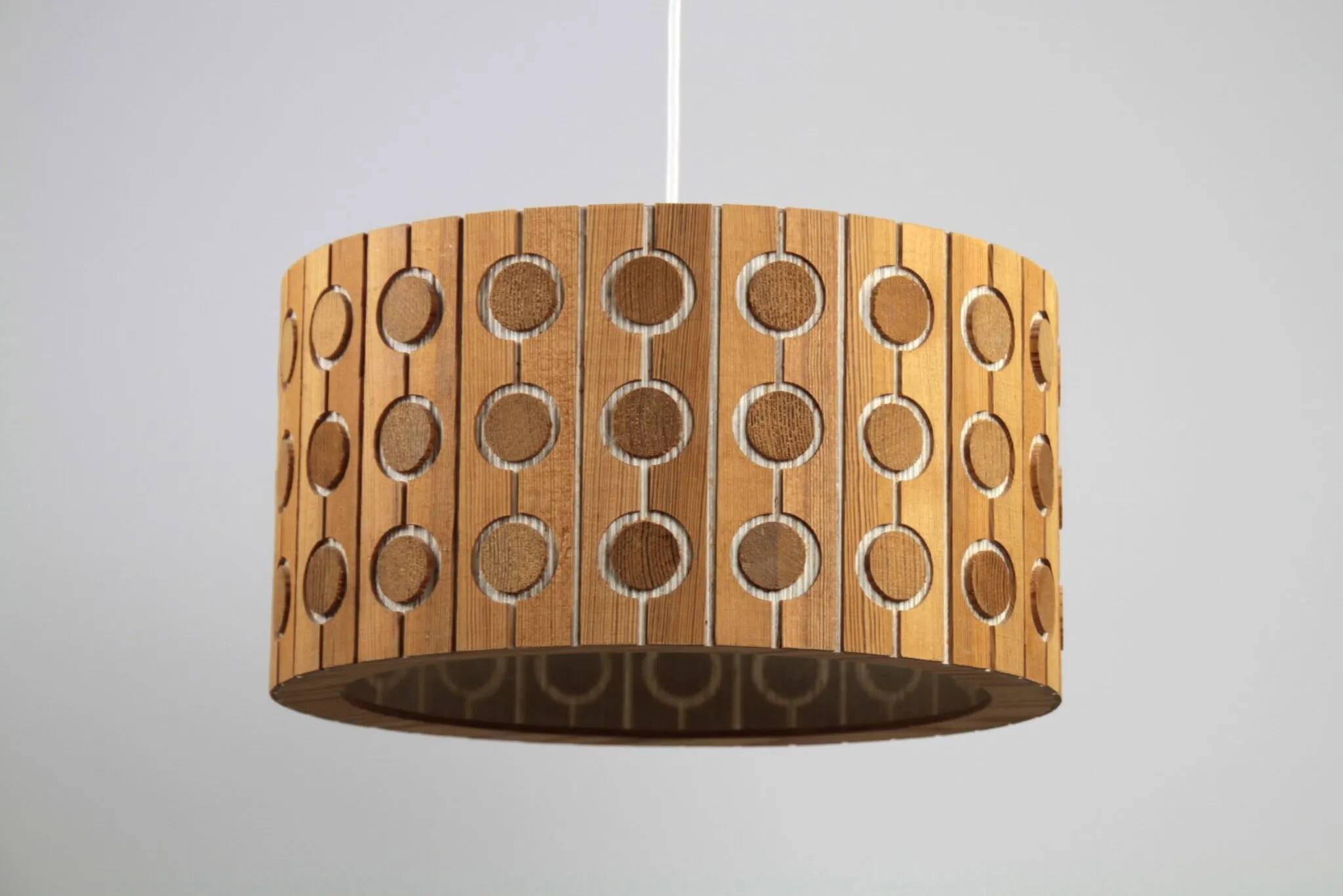 Pine Pendant Lamp – Cylindrical with Circle Pattern, Scandinavia – 1960s/1970s