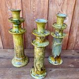 Trio of Tamegroute candlestick holders in enamelled ceramic.
