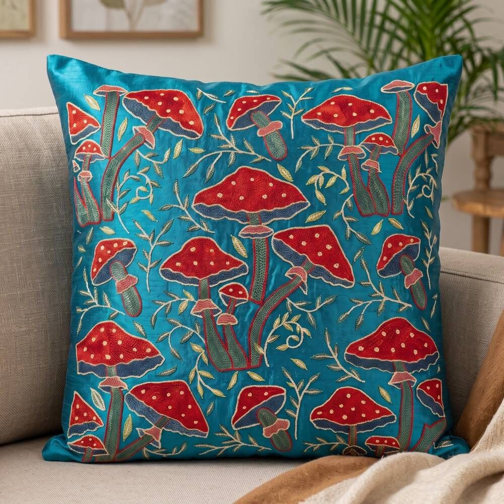 Silk Embroidered Mushroom Pattern Cushion Cover. Blue Throw Pillow Case. Traditional Accent Pillow