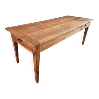 Table à manger française ancienne du XIXe siècle en bois de cerisier – style ferme rustique avec deux tiroirs