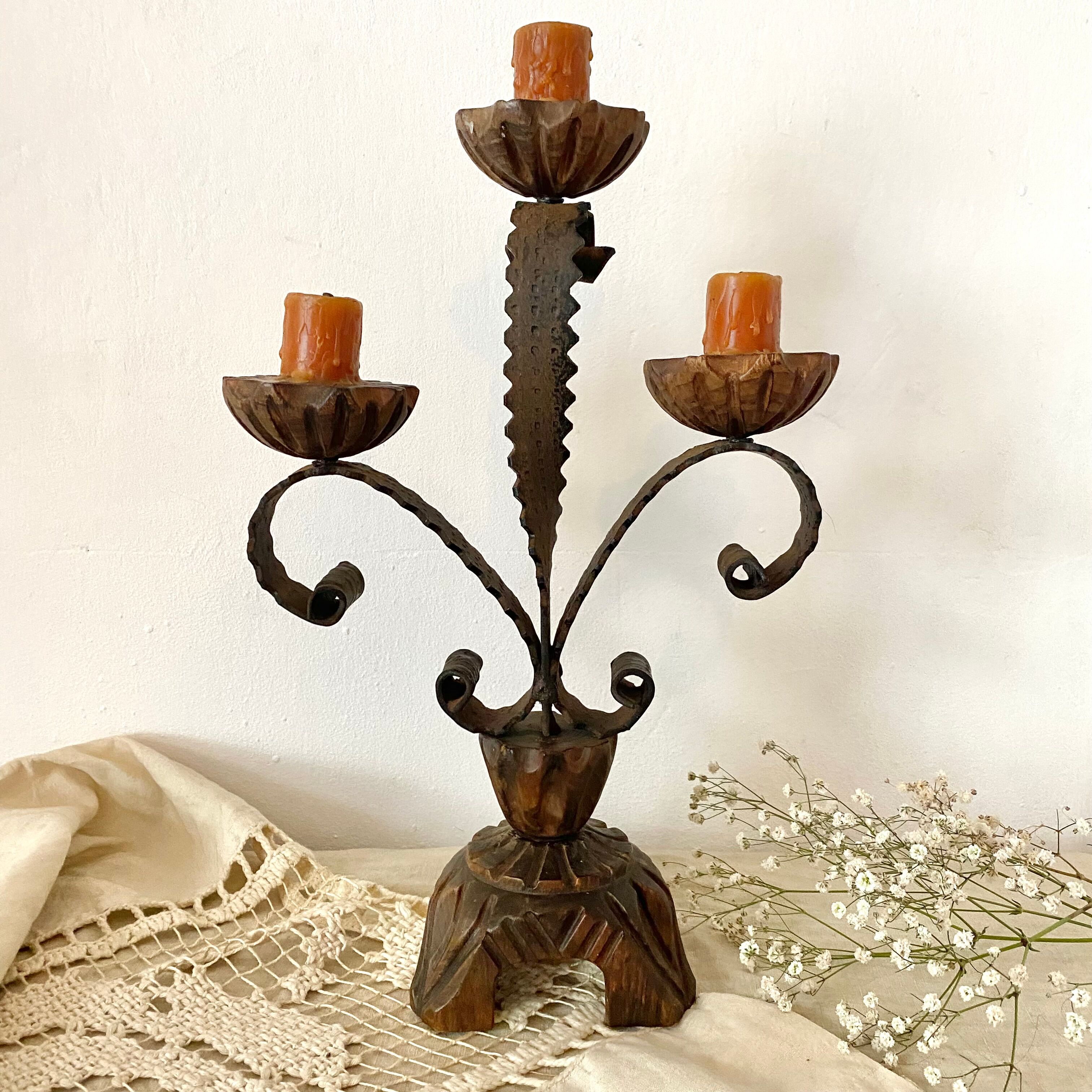 Vintage wooden and wrought iron chandelier