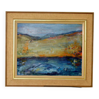 Peinture à l'huile sur toile du milieu du siècle " Paysage " - Vintage et encadrée