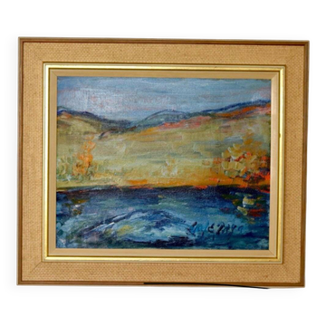 Peinture à l'huile sur toile du milieu du siècle " Paysage " - Vintage et encadrée