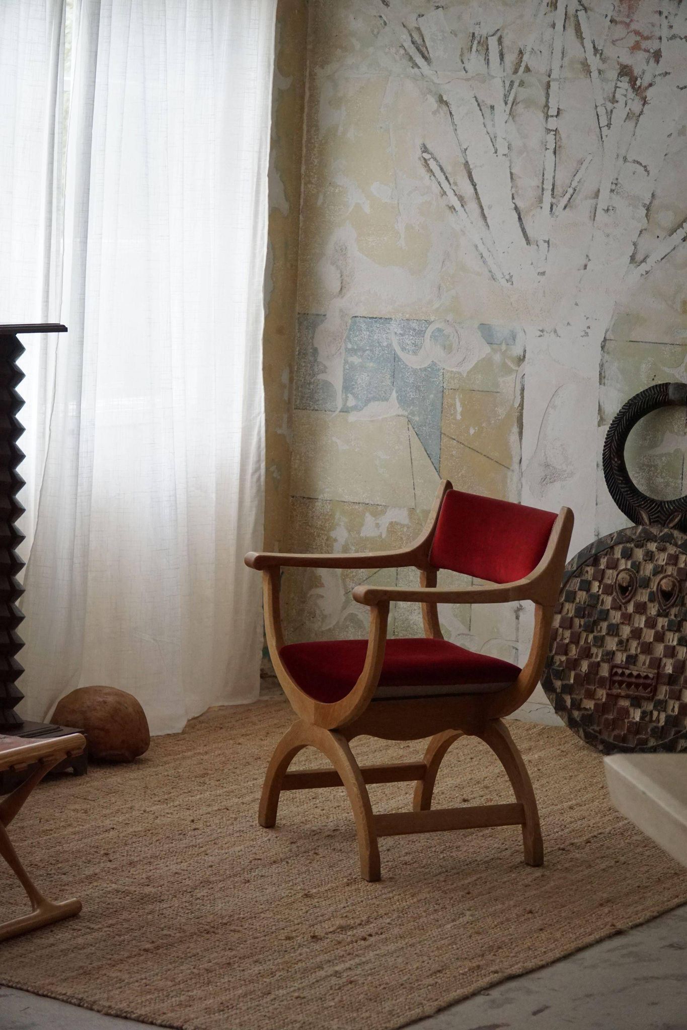 Henning Kjærnulf, Oak and velvet armchair, Model "Kurul", Mid-century, 1960s