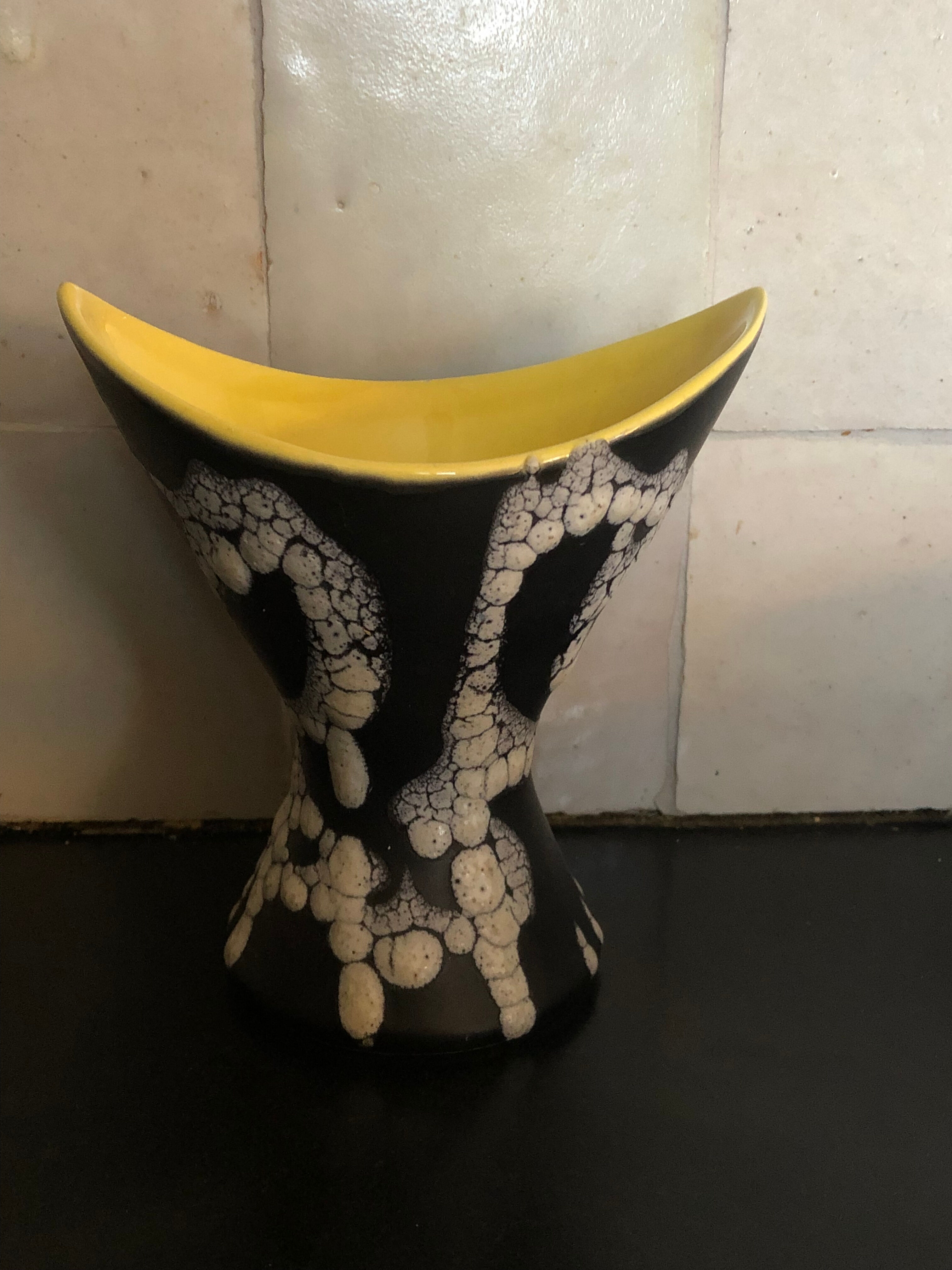 Yellow and black ceramic vase 50s