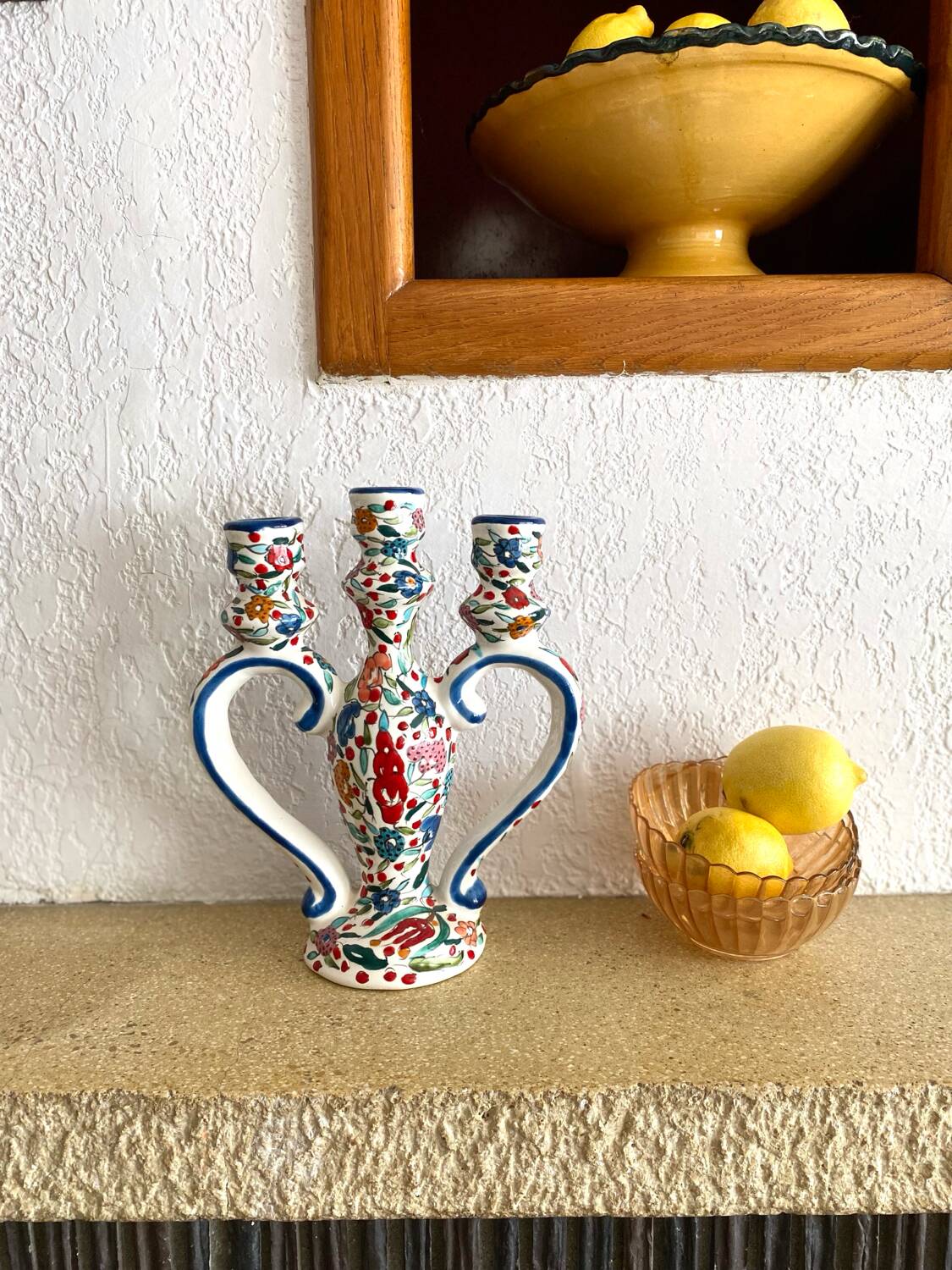 Three-branch candle holder in antique hand-painted ceramic