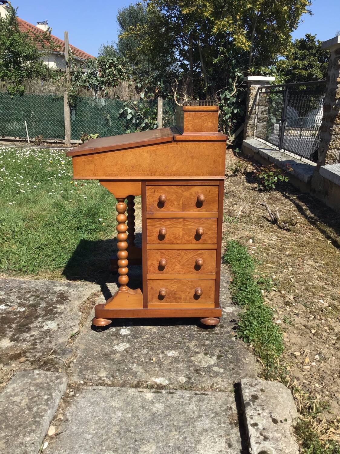 Davenport writing desk in fruitwood and burl veneer