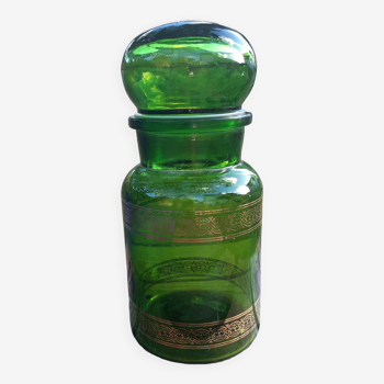 70's green year glass jar and golden pattern