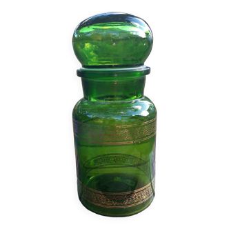 70's green year glass jar and golden pattern