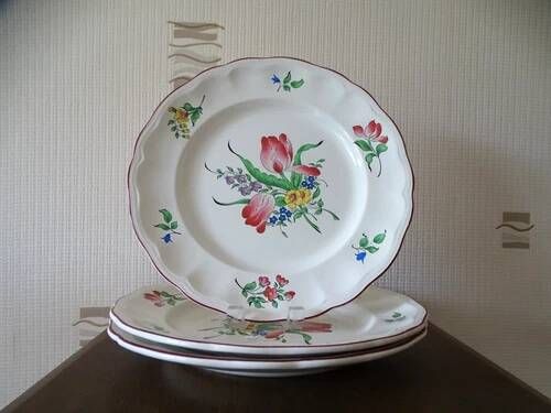 Kg luneville "réverbère" 3 flat plates earthenware hand-painted flowers ø25.5 cm