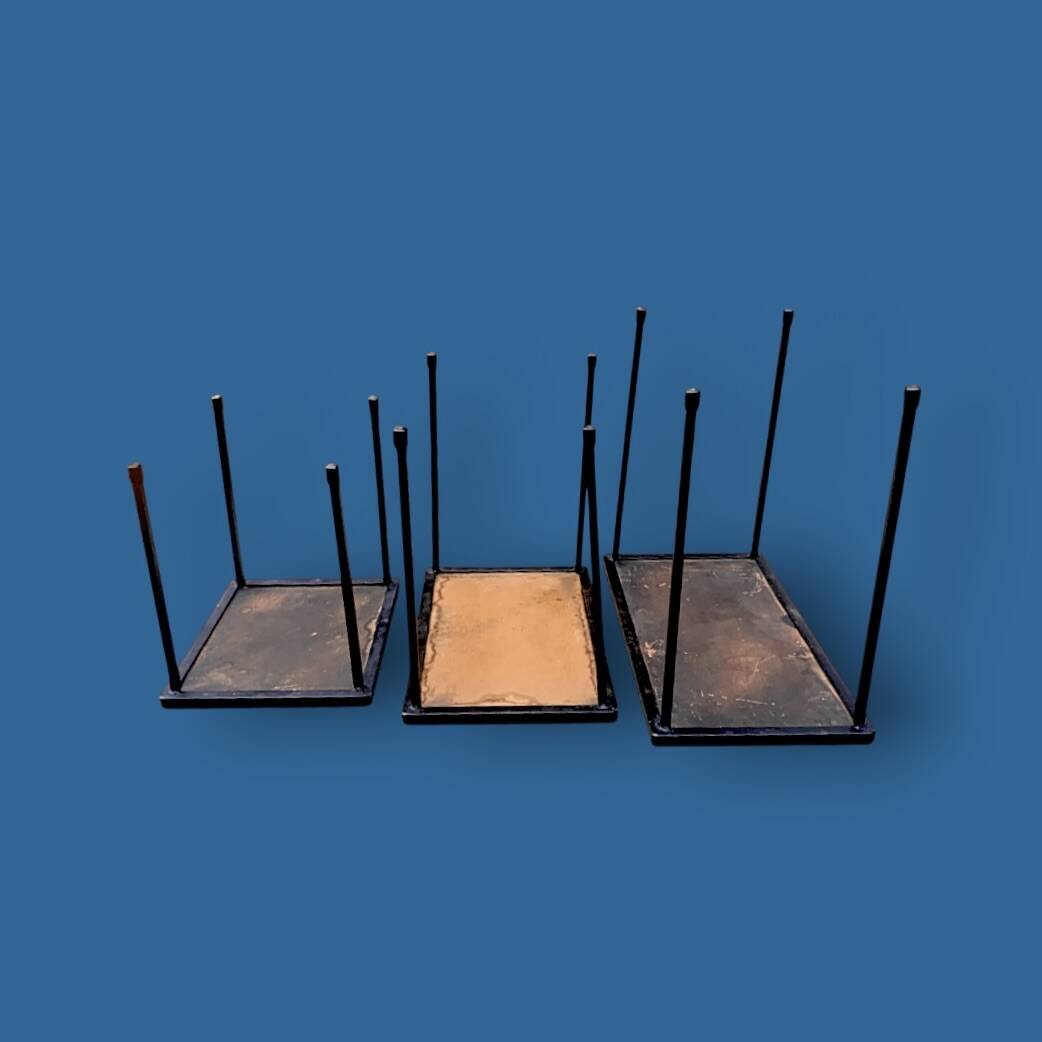 Trio of vintage nesting tables in mosaic and wrought iron