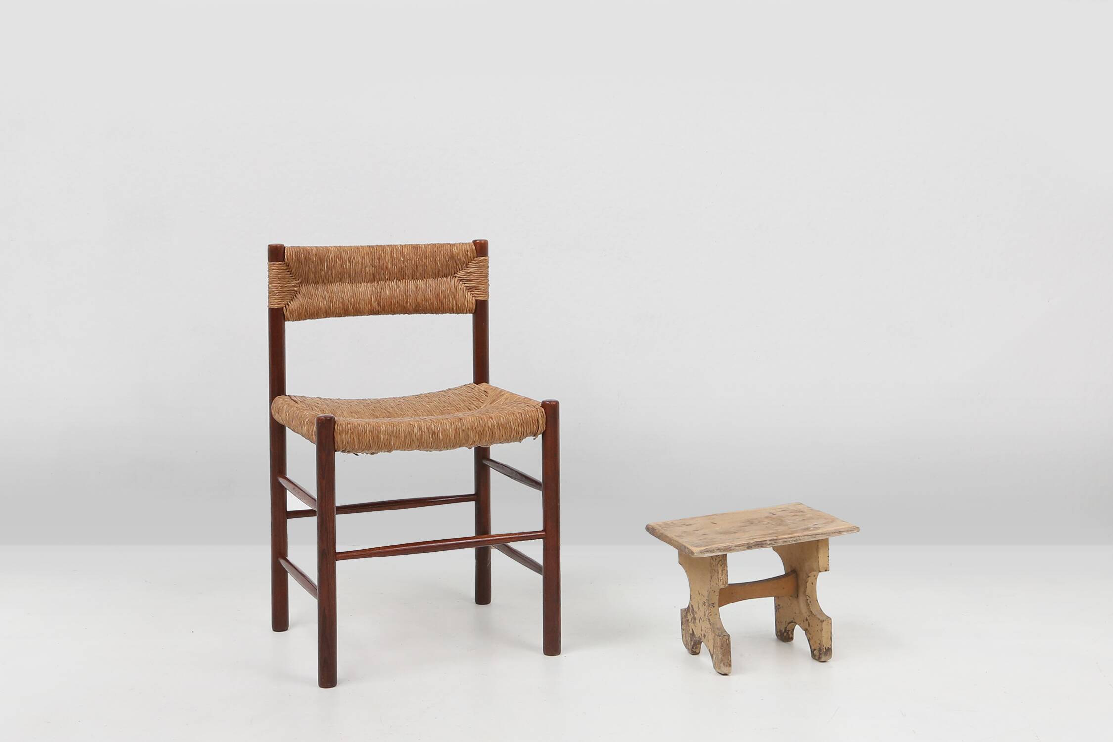 Beautiful shaped rustig low stool in painted wood, France ca. 1900