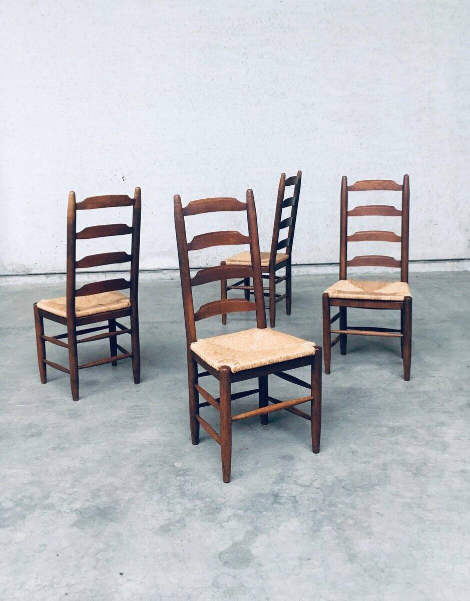 Rustic Ladder Back Oak and Rush Dining Chairs, 1960s, Set of 4
