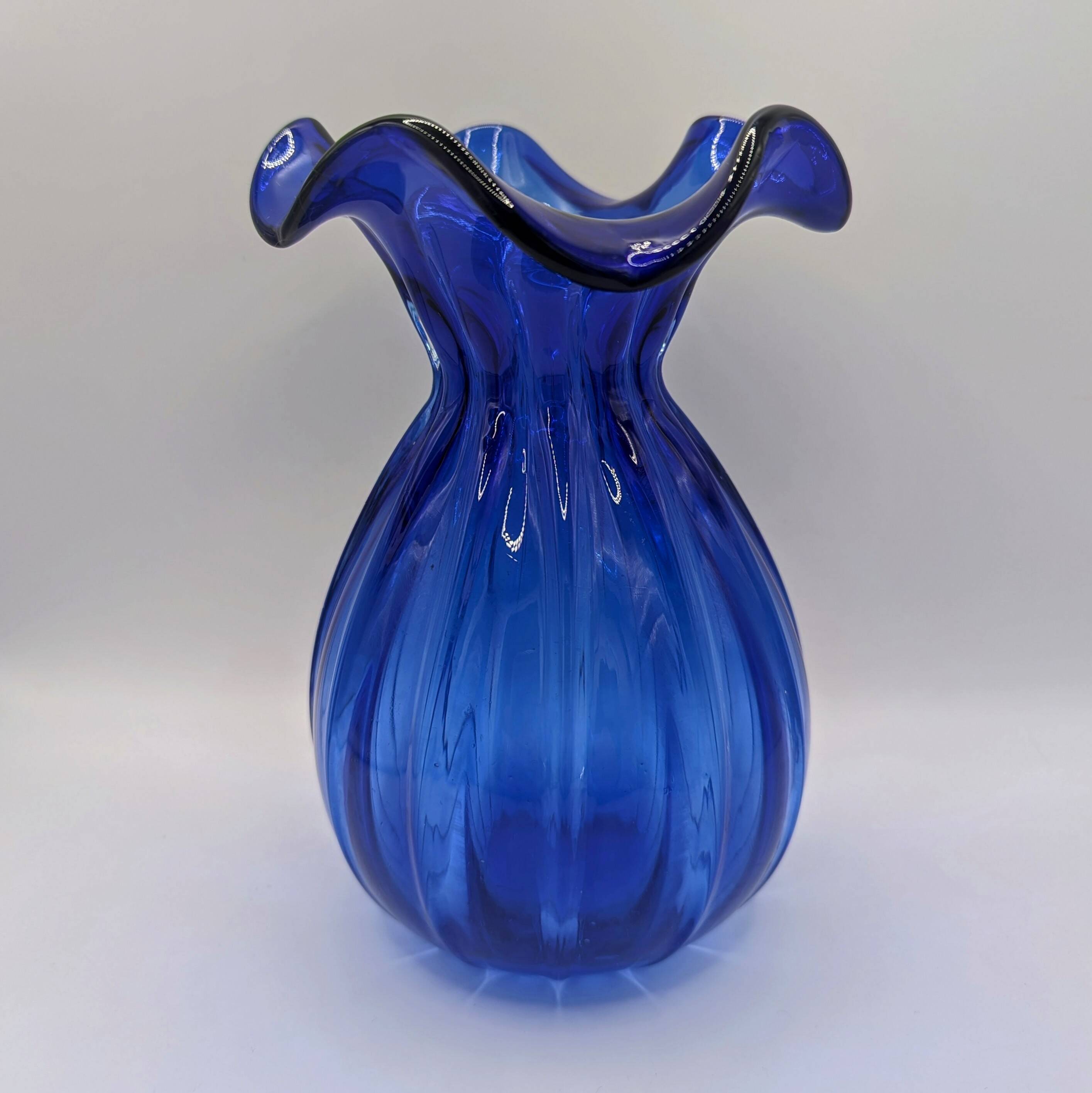 Cobalt Blue Ruffled Edge Ribbed Glass Vase