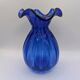 Cobalt Blue Ruffled Edge Ribbed Glass Vase