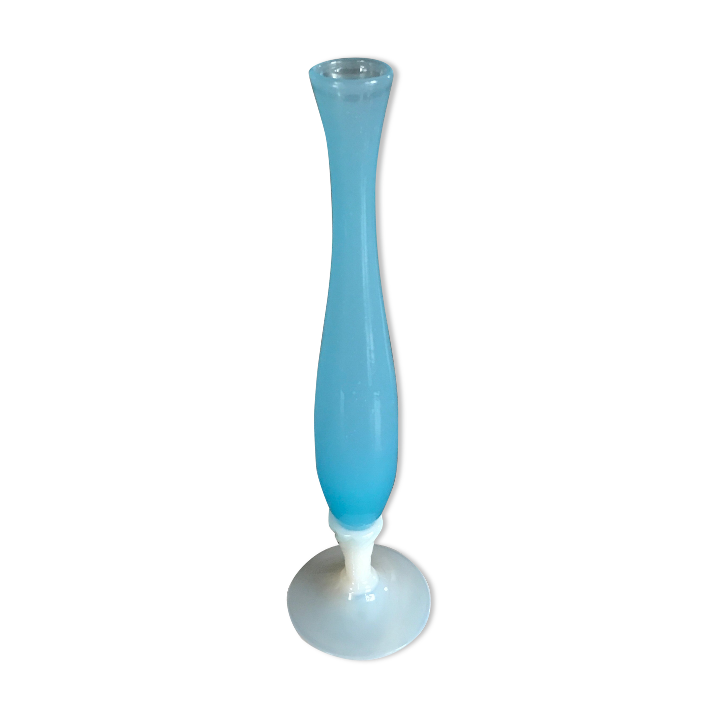 Vase soliflore in opaline turquoise blue color and white foot 24 cm