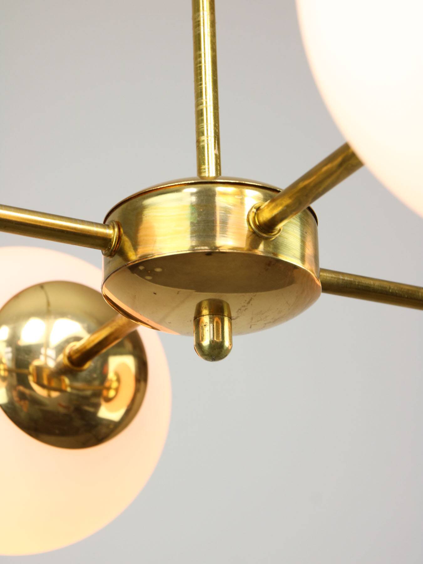 Italian Mid Century Golden Sputnik Chandelier with Opaline Shades, 1960s