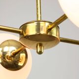 Italian Mid Century Golden Sputnik Chandelier with Opaline Shades, 1960s