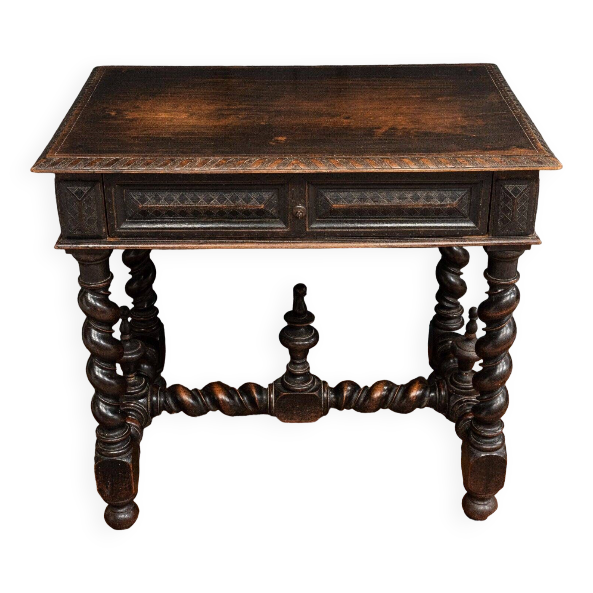 Louis XIII style blackened walnut desk, late 19th century, turned legs, one drawer