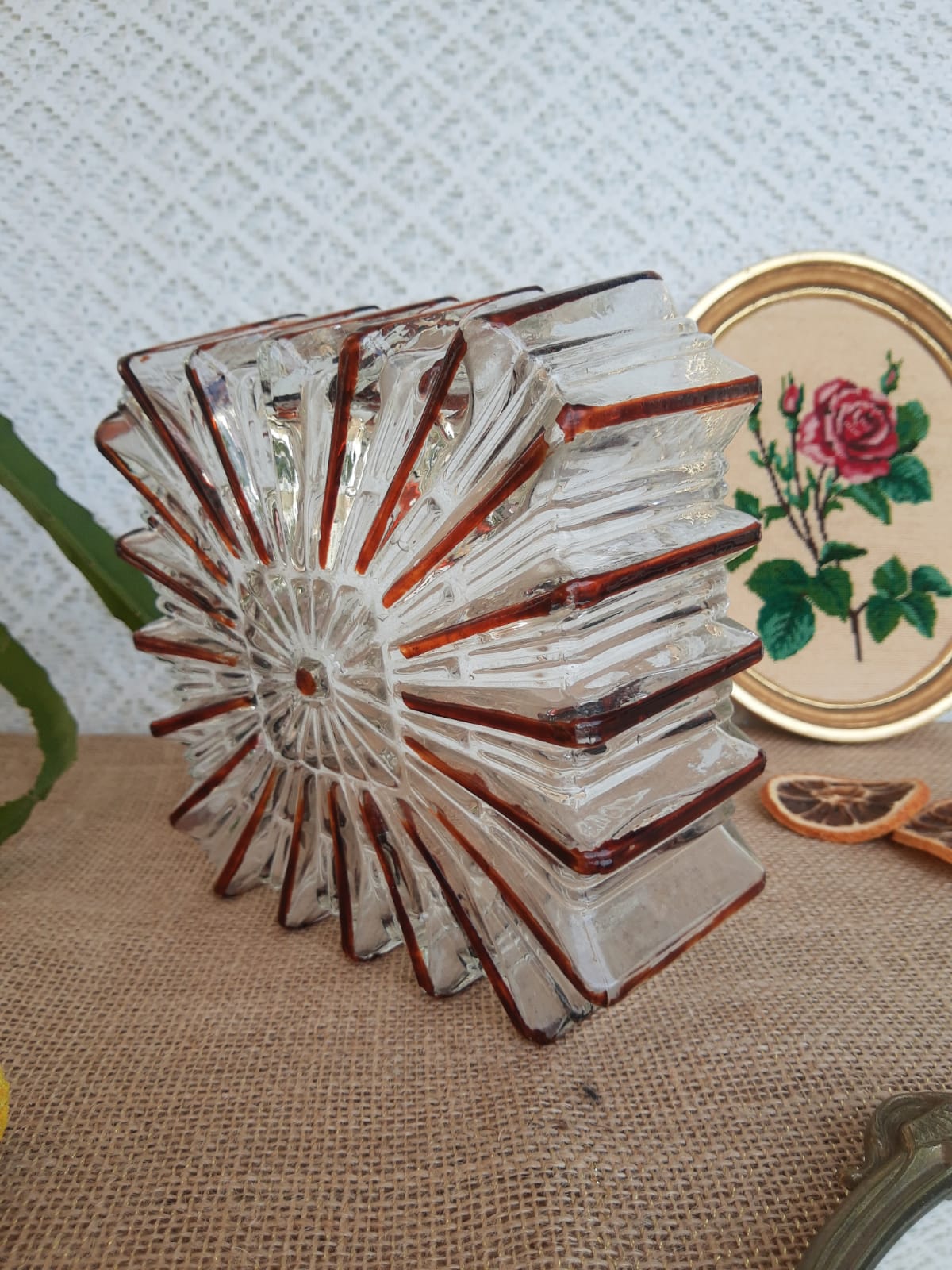 Ceiling lamp / wall lamp in molded glass two-tone square 70s