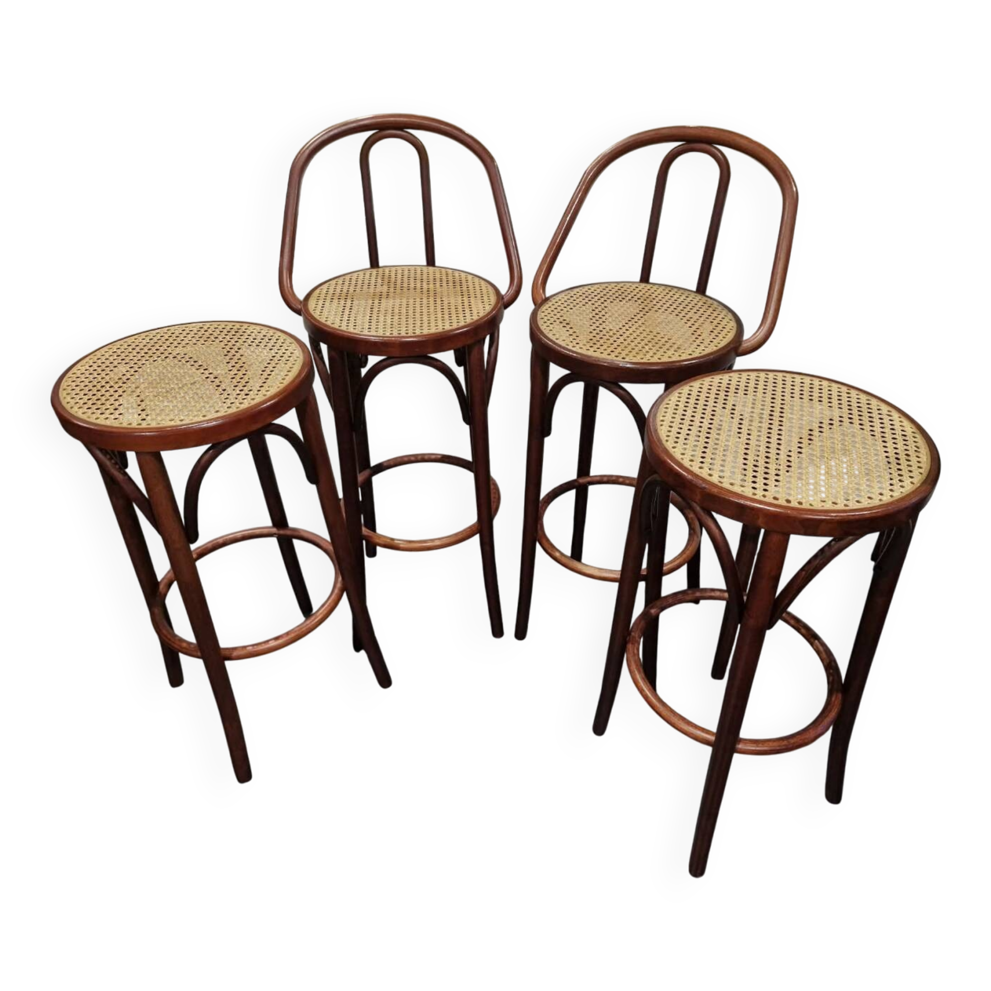 Lot de 4 tabourets de bistrot en cannage vintage