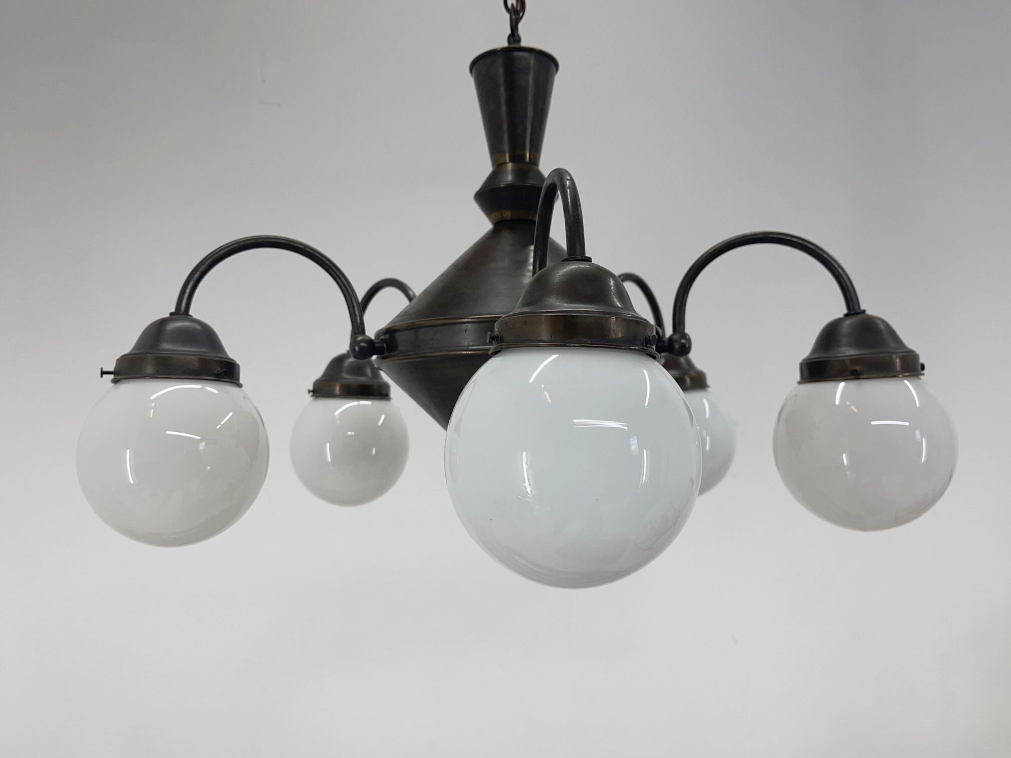 Art deco metal and milk glass chandelier, 1930's
