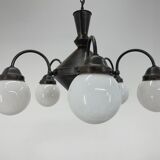 Art deco metal and milk glass chandelier, 1930's