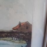 Tableau ancien 1940-1950 intitulé "la décrue"