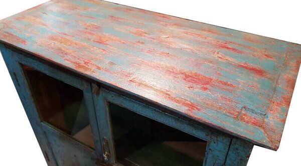 Buffet vaisselier vitre bleu rouge large plateau bois vieux teck