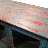 Blue and red glass sideboard with large old teak wood top