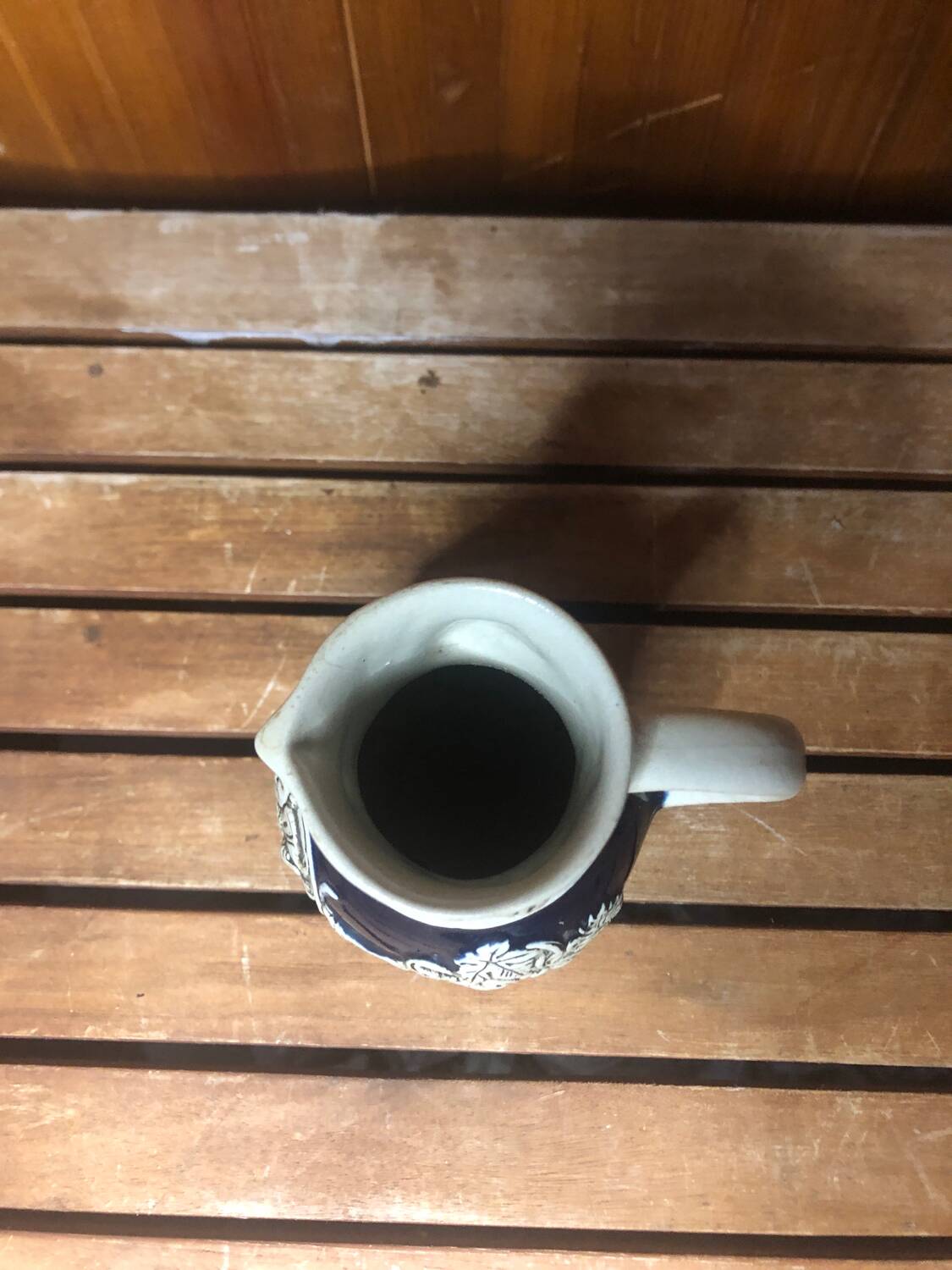 Old alsace ceramic pitcher gray blue vintage vines decor