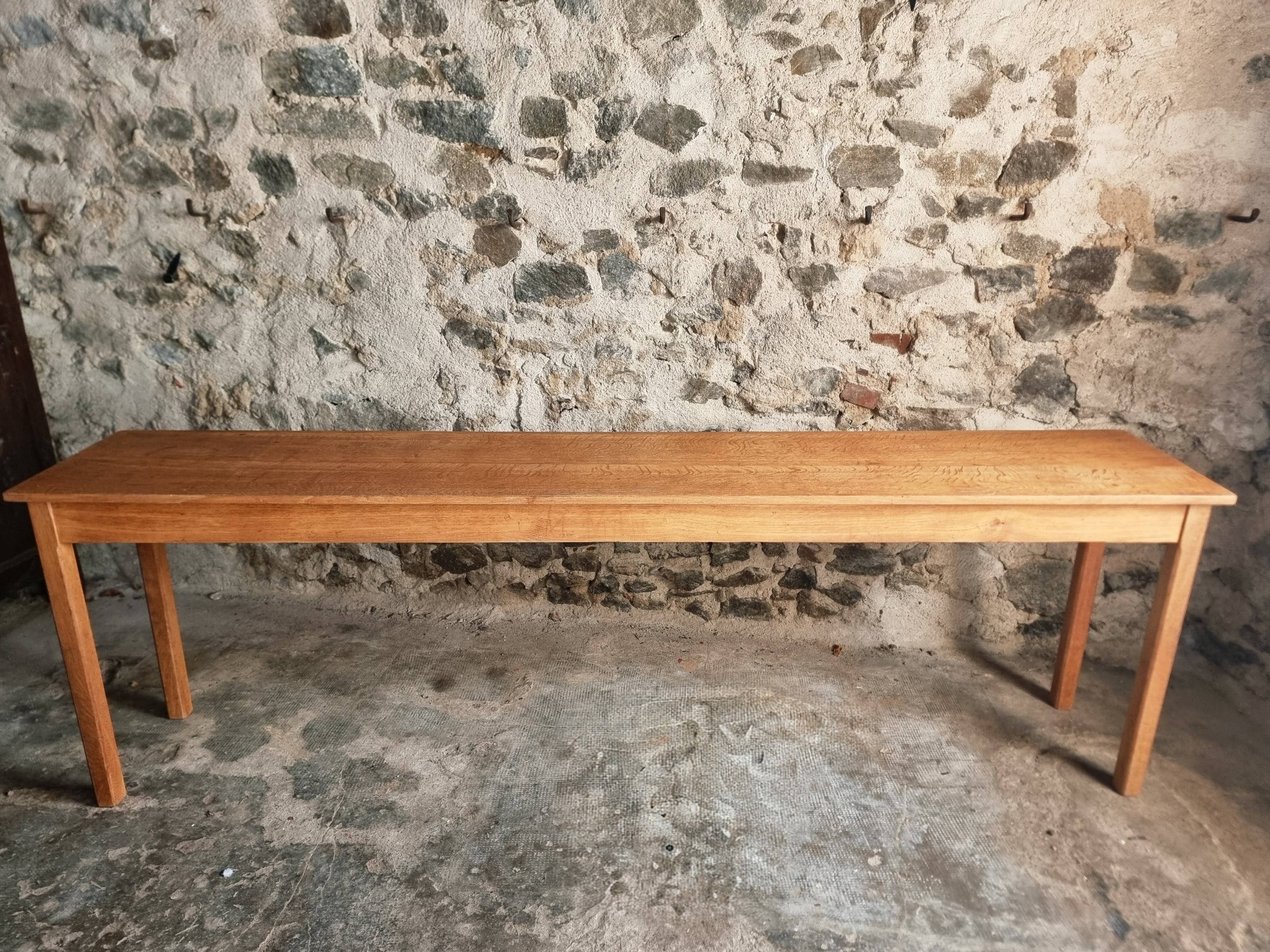 Old French oak console – Long and narrow farmhouse table 241 cm – Vichy hospital workshop from the 1950s