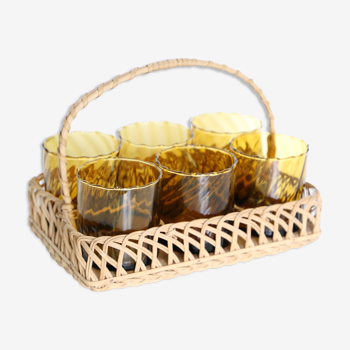 Set of lemonade glass, in wicker basket, smoked glass