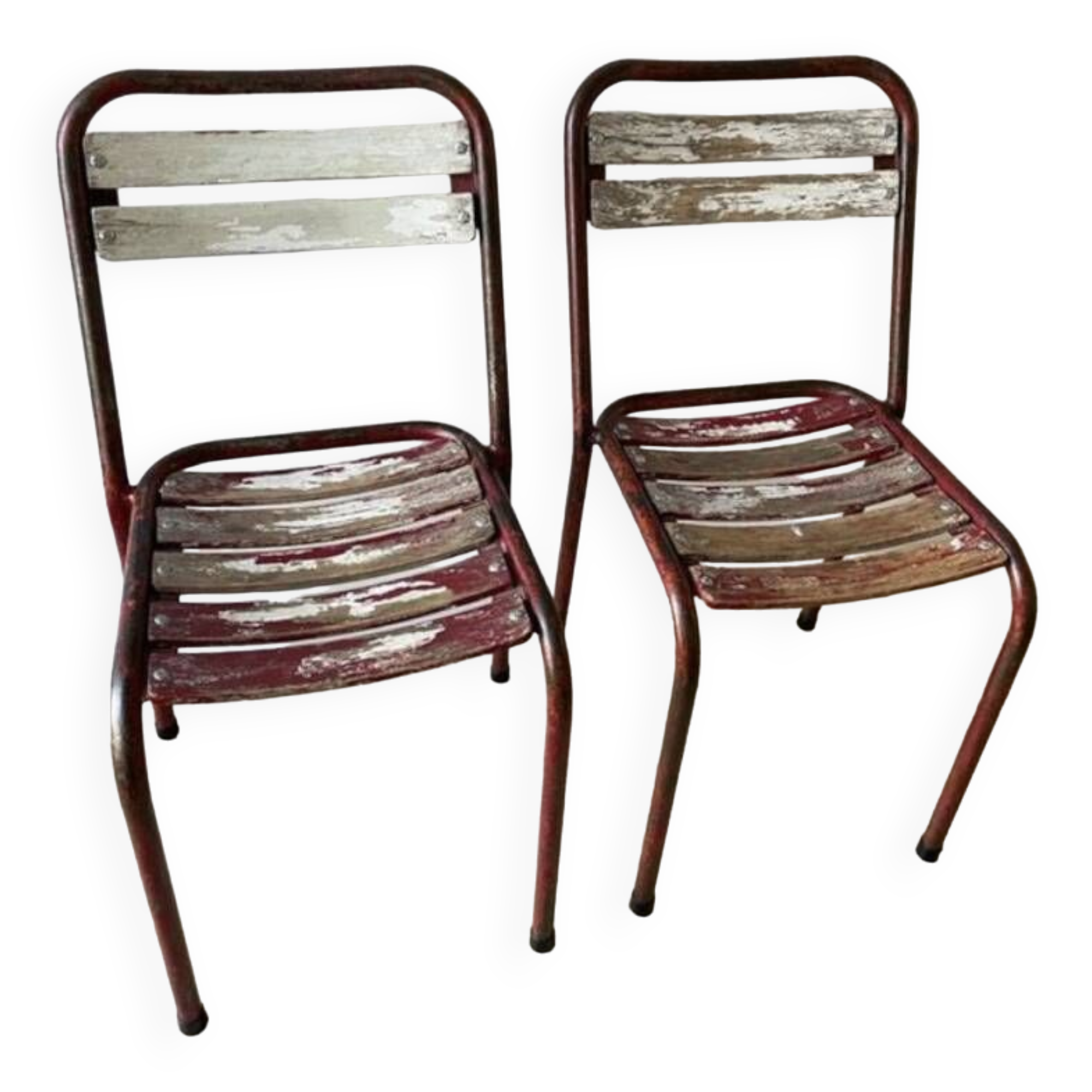 Pair of antique Tolix-style wooden and metal bistro chairs