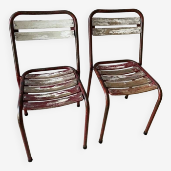 Pair of old Tolix style wood metal bistro chairs