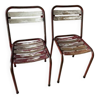 Pair of old Tolix style wood metal bistro chairs