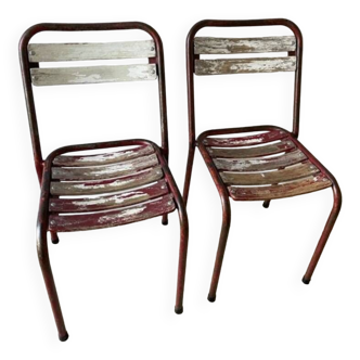 Pair of old Tolix style wooden and metal bistro chairs