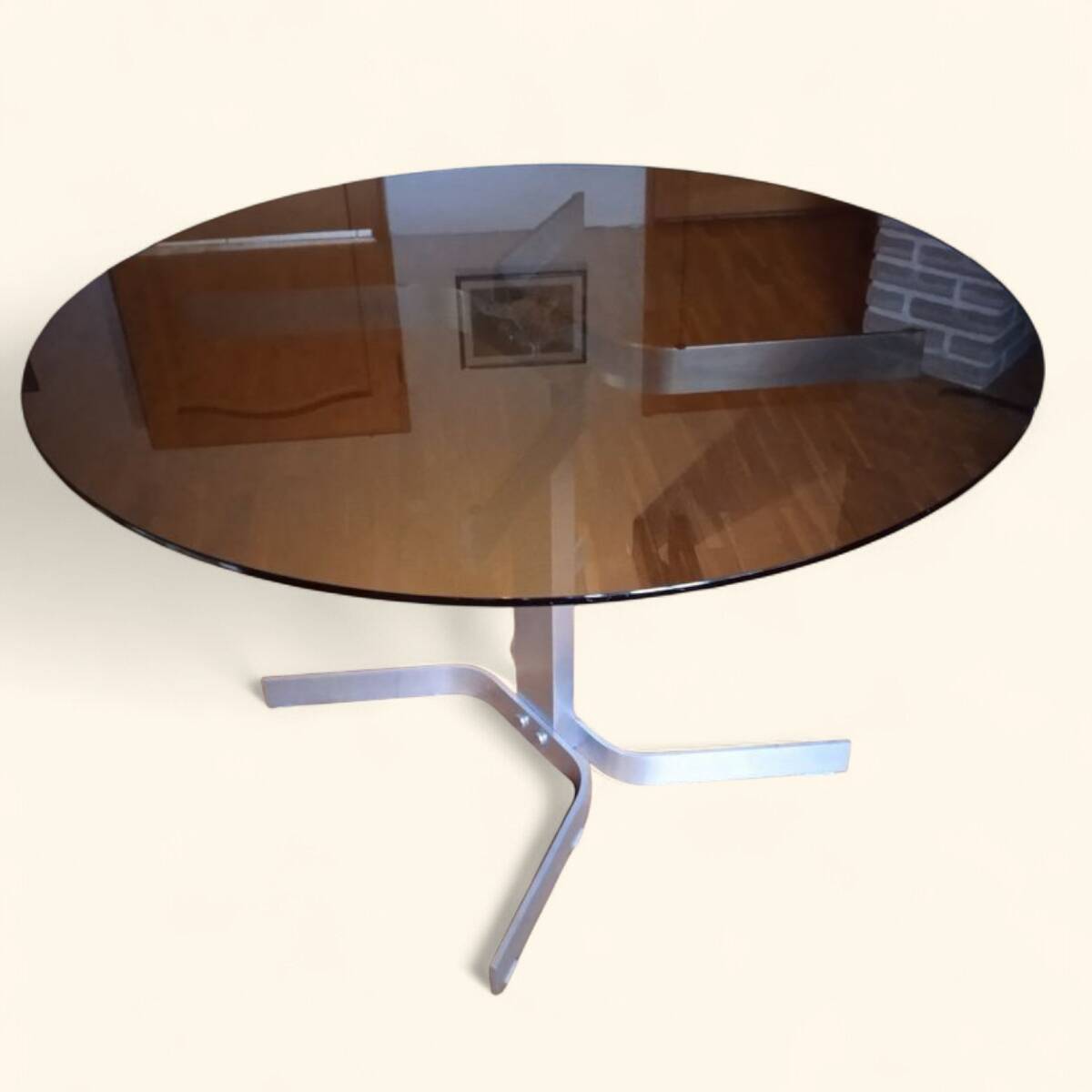 Large Circular Brushed Aluminium Table by Pierre Vandel (1946)