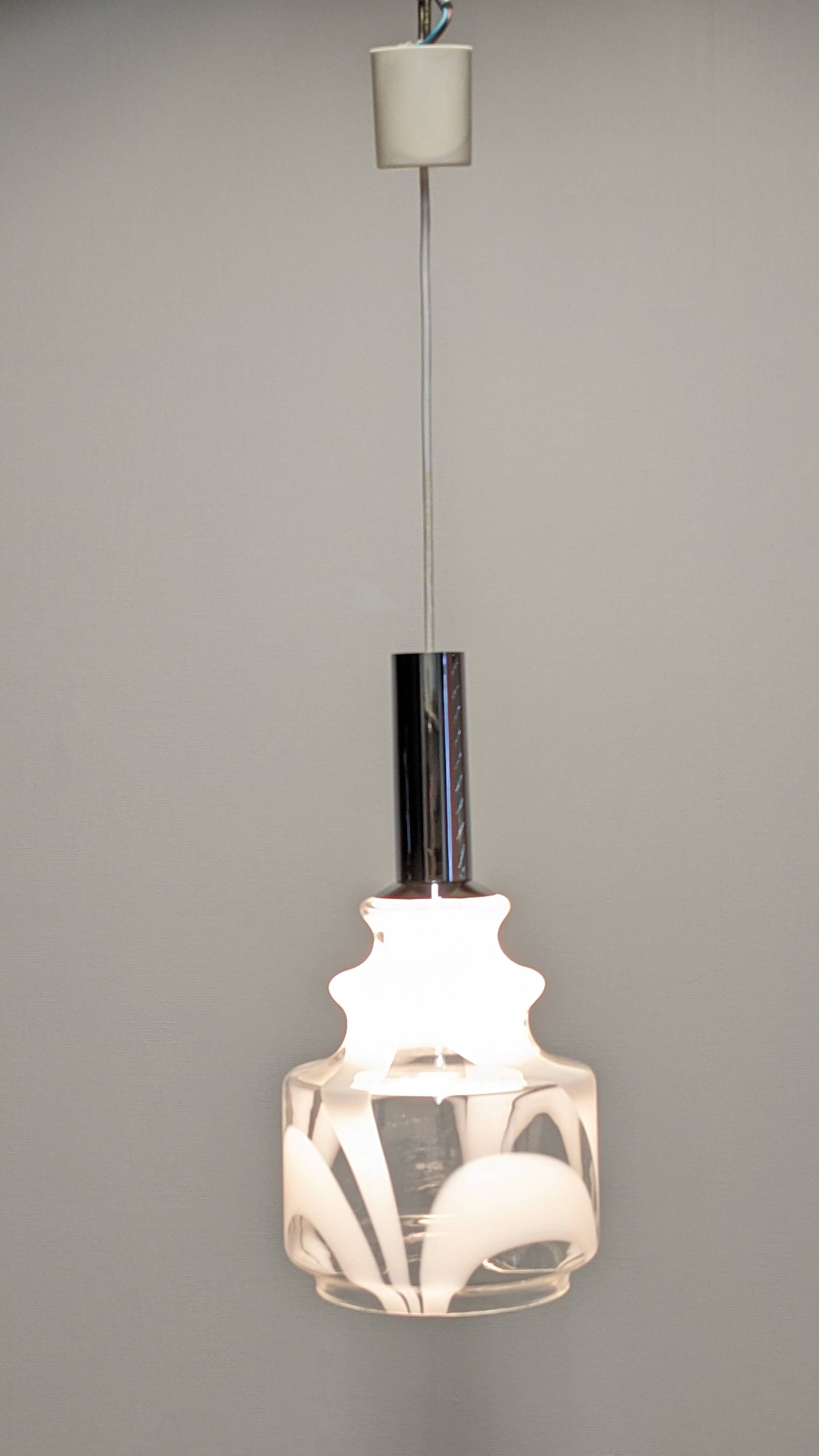 Murano white harlequin blown glass pendant light, Italy circa 1970