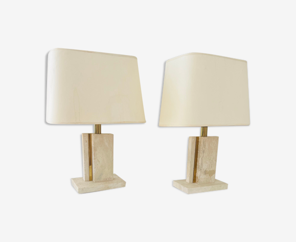 Paire de lampes en laiton et travertin Camille Breesch