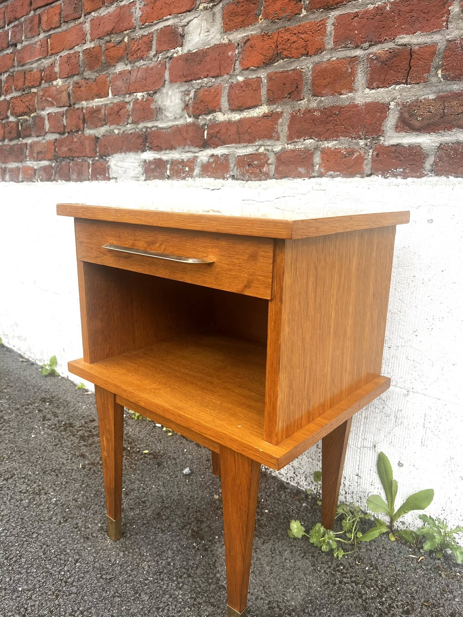 Vintage wooden bedside table / side table with tapered legs.