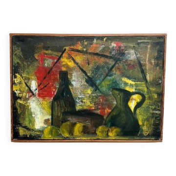 Peinture à l'huile sur toile originale suédoise "Nature morte" par Pierre Mas, vintage et encadrée 67x47cm