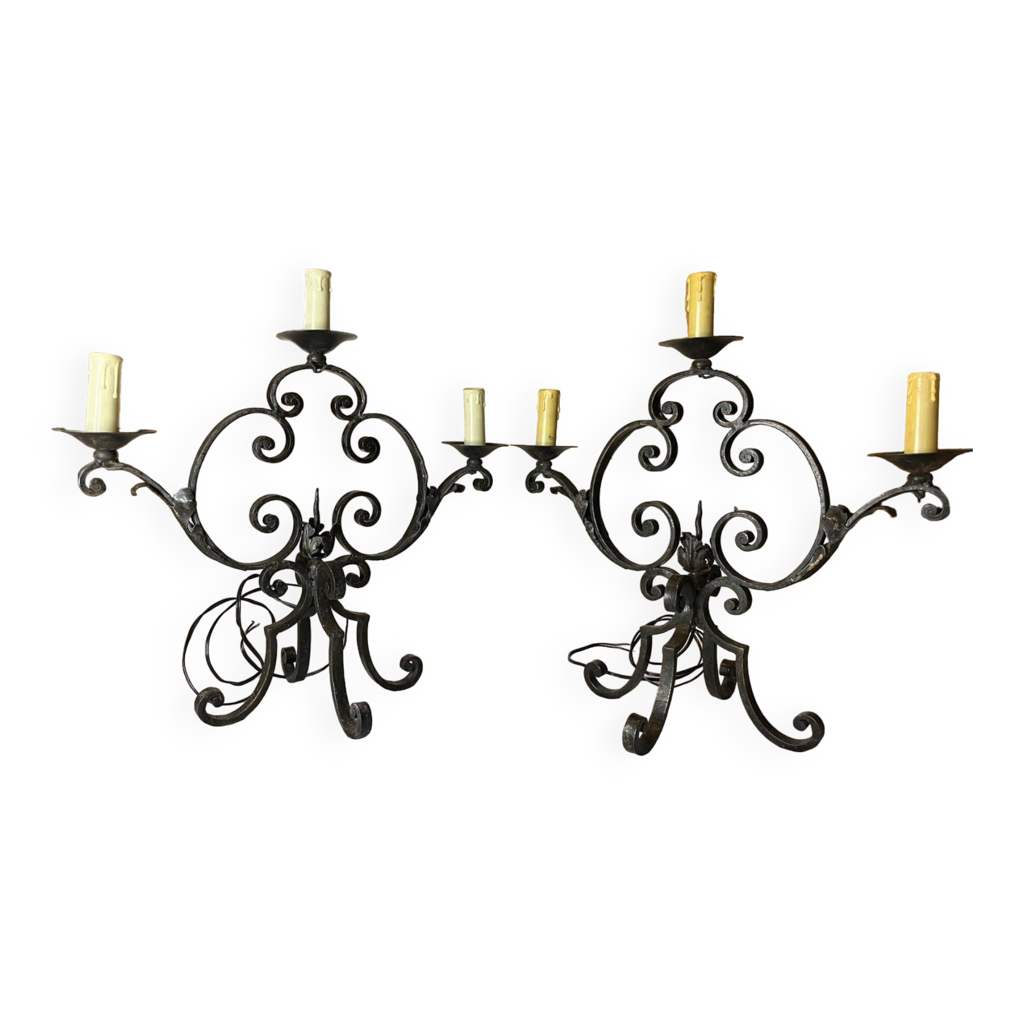 Paire de chandeliers 3 feux fer forgé sur pied vintage | Selency
