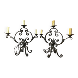Pair of 3-light wrought iron candlesticks on vintage legs