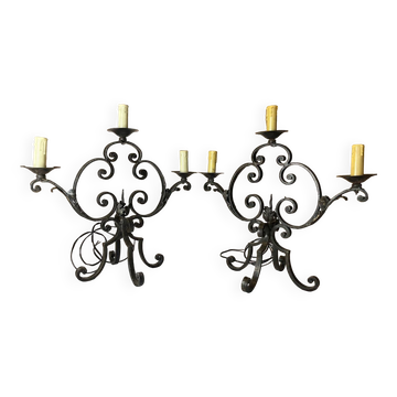 Paire de chandeliers  3 feux fer forgé sur pied vintage