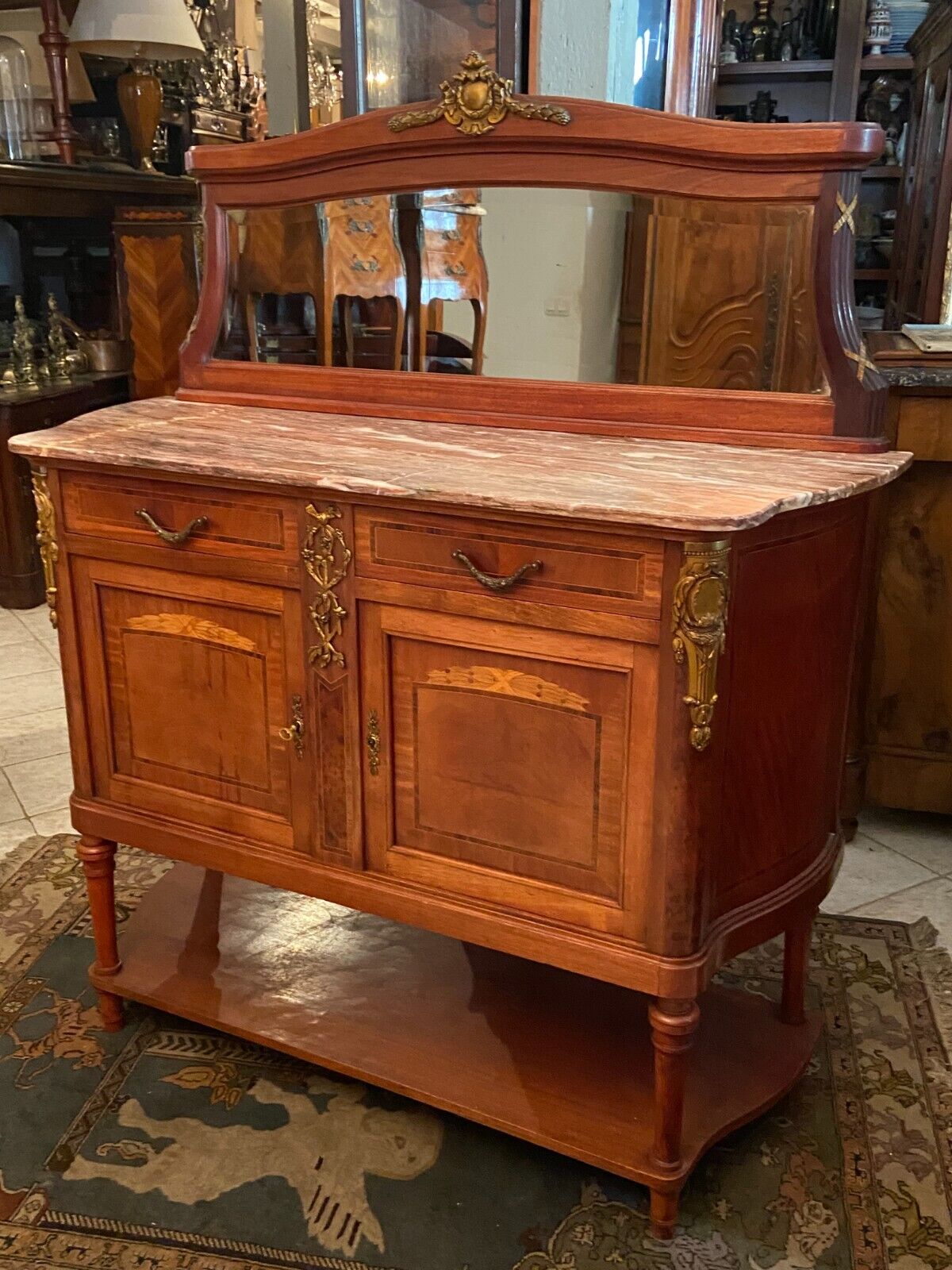 Desserte buffet with mirror background credenza and Louis XVI style marble top