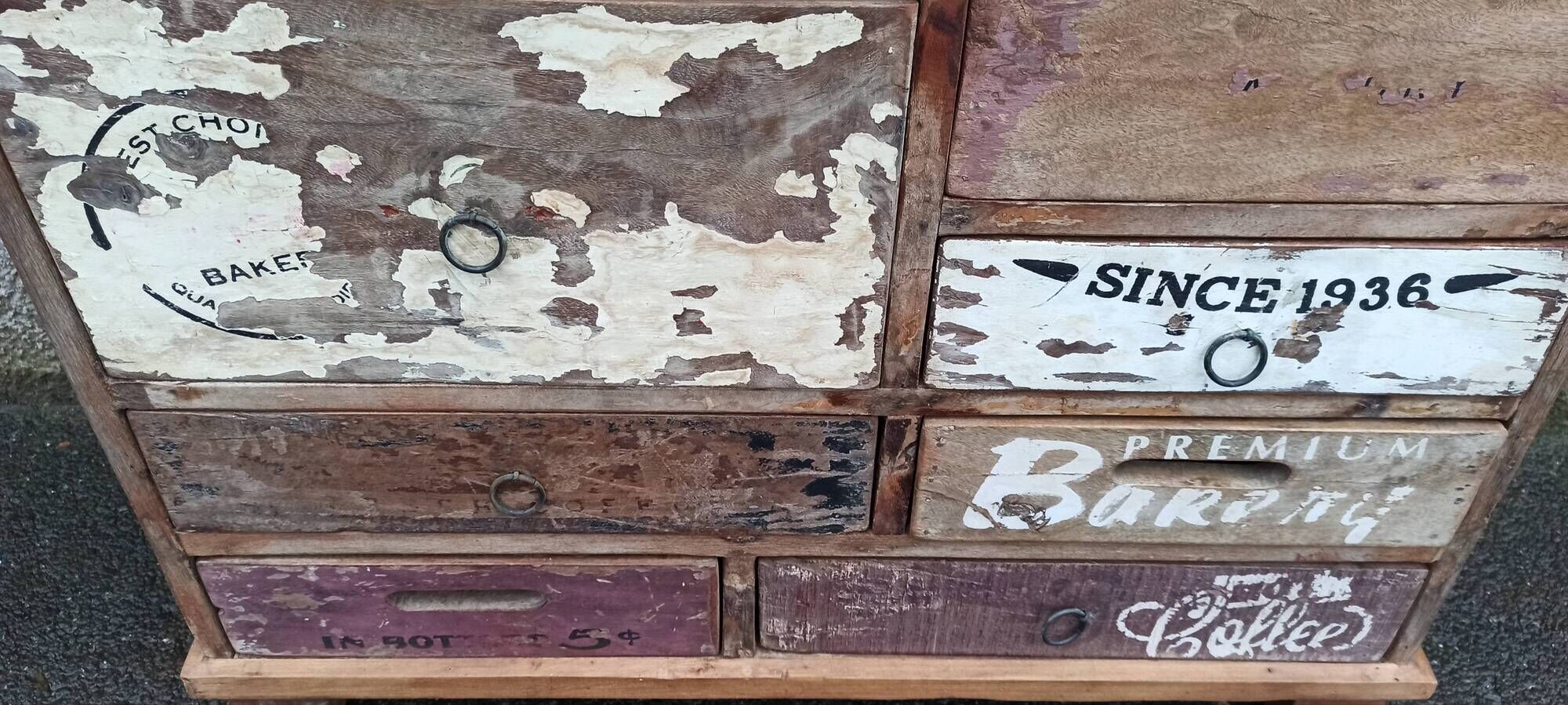 Original wooden chest of drawers with 15 mismatched drawers