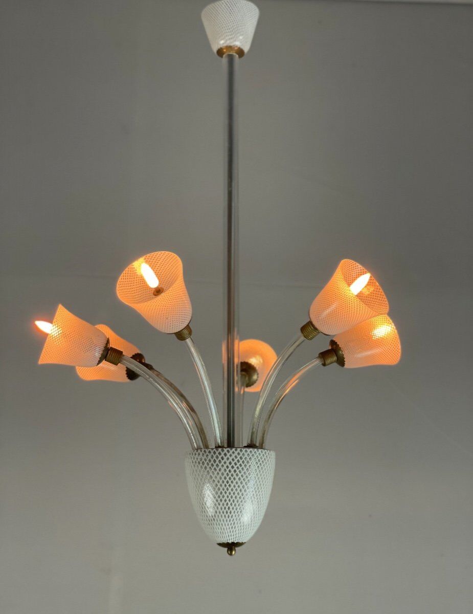 Venetian chandelier in colorless and white murano glass, venini circa 1940