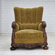 Fauteuil danois à dossier haut, années 1960, laine d'ameublement, bois de chêne massif.